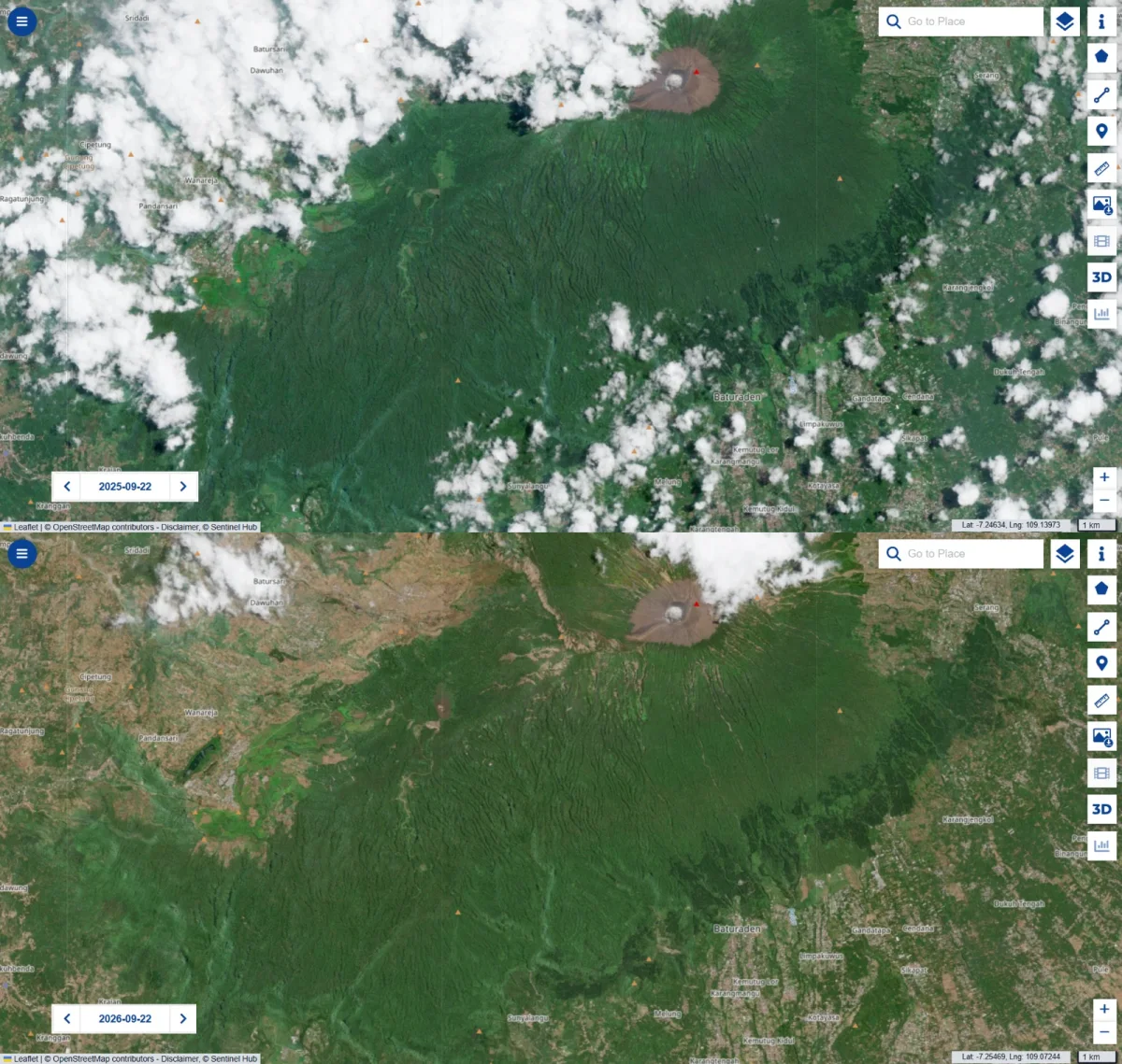 Citra Satelit Gunung Slamet 2025–2026 Tunjukkan Perubahan Lereng, Presidium Soroti Longsoran di Hulu Sungai